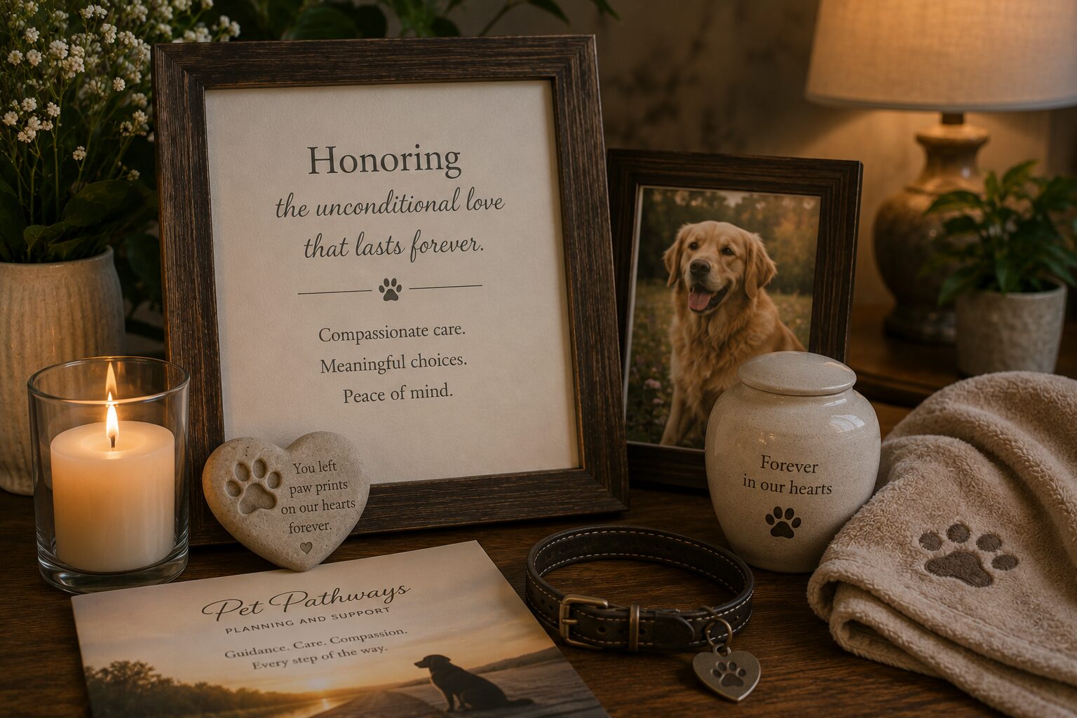 Pet memorial display with urn and keepsakes for cremation services in Johnstown, PA.