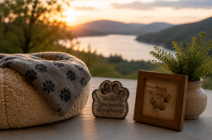 pet memorial keepsakes beside a peaceful lakeside sunset, featuring a paw print frame and pet cremation tribute items in Westmont, PA