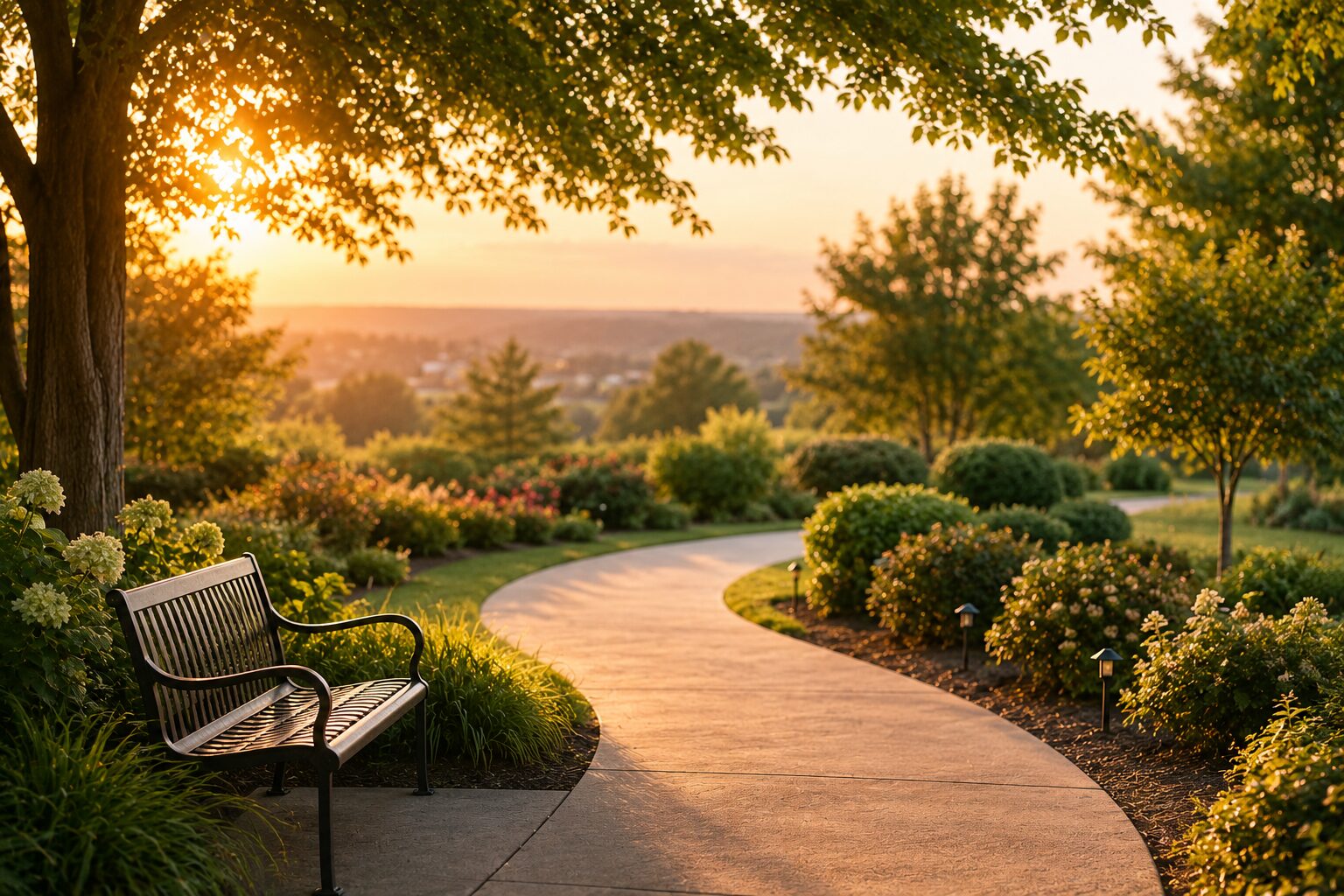 Peaceful garden path and memorial bench for compassionate funeral homes in Johnstown, PA.