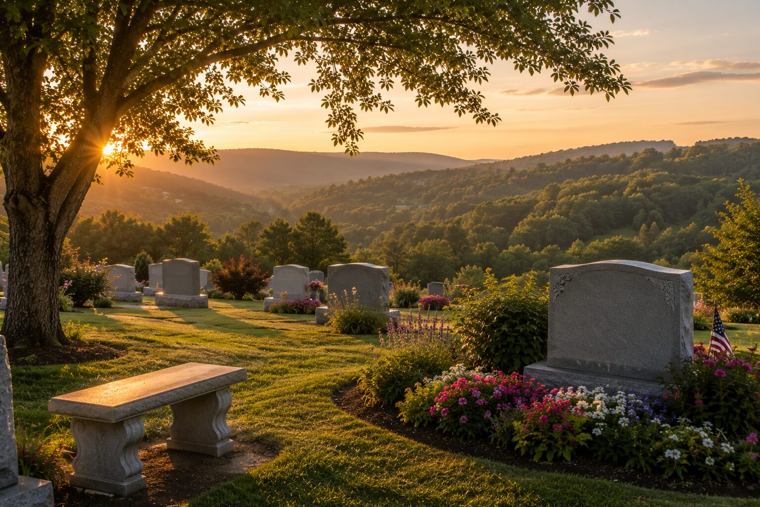 Sunlit cemetery with memorial headstones, flowering gardens, and mountain views in Northern Cambria, PA