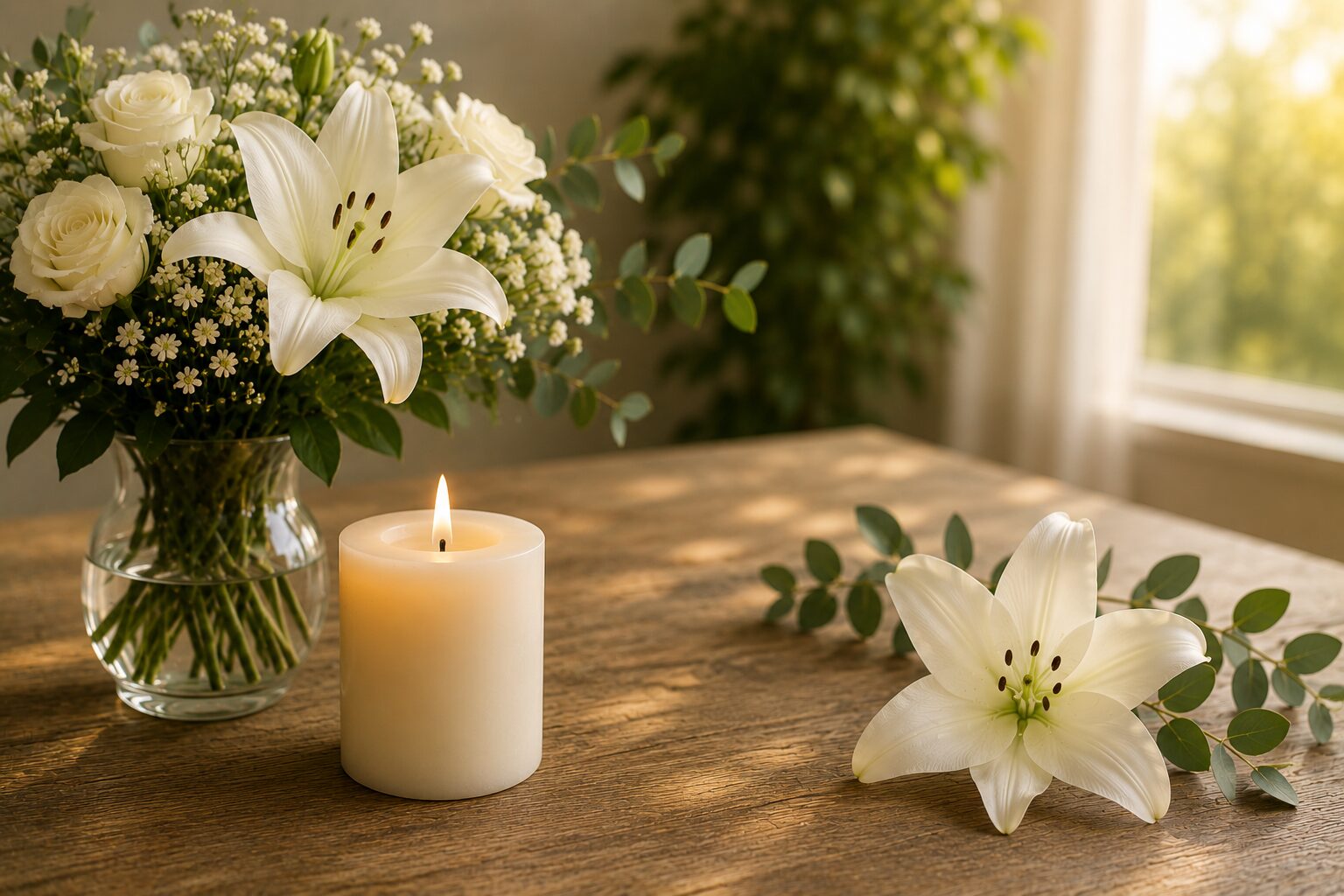 How Funeral Homes Create Lasting Tribute Experiences Funeral flower arrangement with white lilies and candle for funeral homes in Richland, PA.