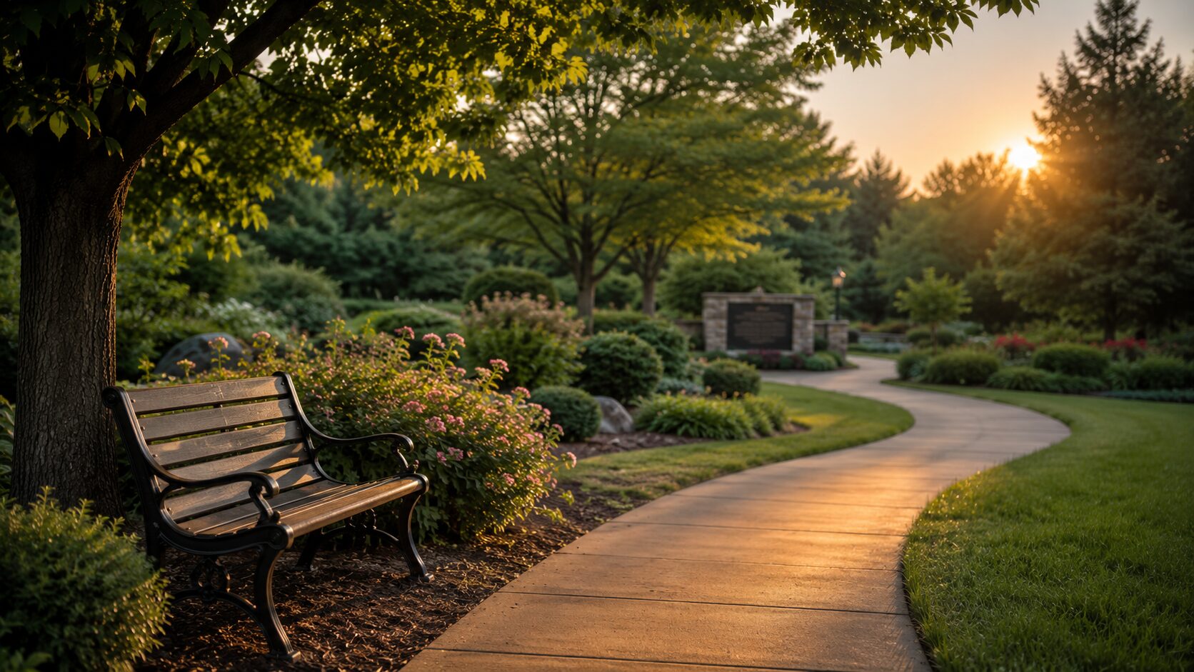Simple and Respectful Choices for Every Family Peaceful garden pathway with memorial bench near funeral homes in Westmont, PA
