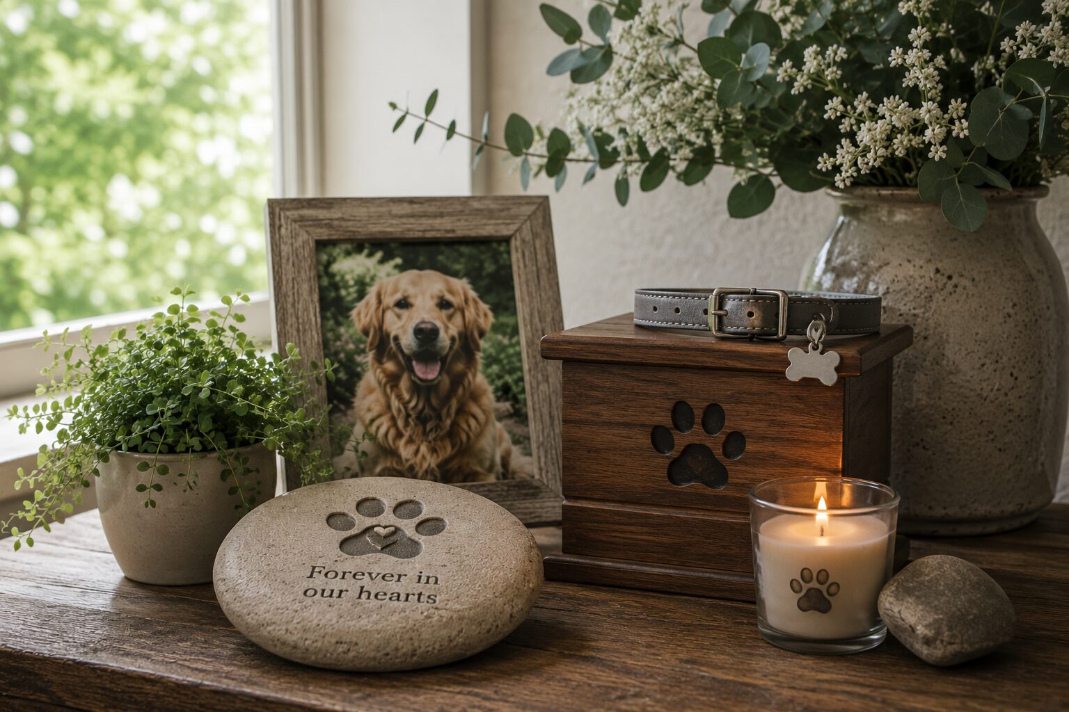 Pet memorial display with keepsake box for cremation services in Westmont, PA.