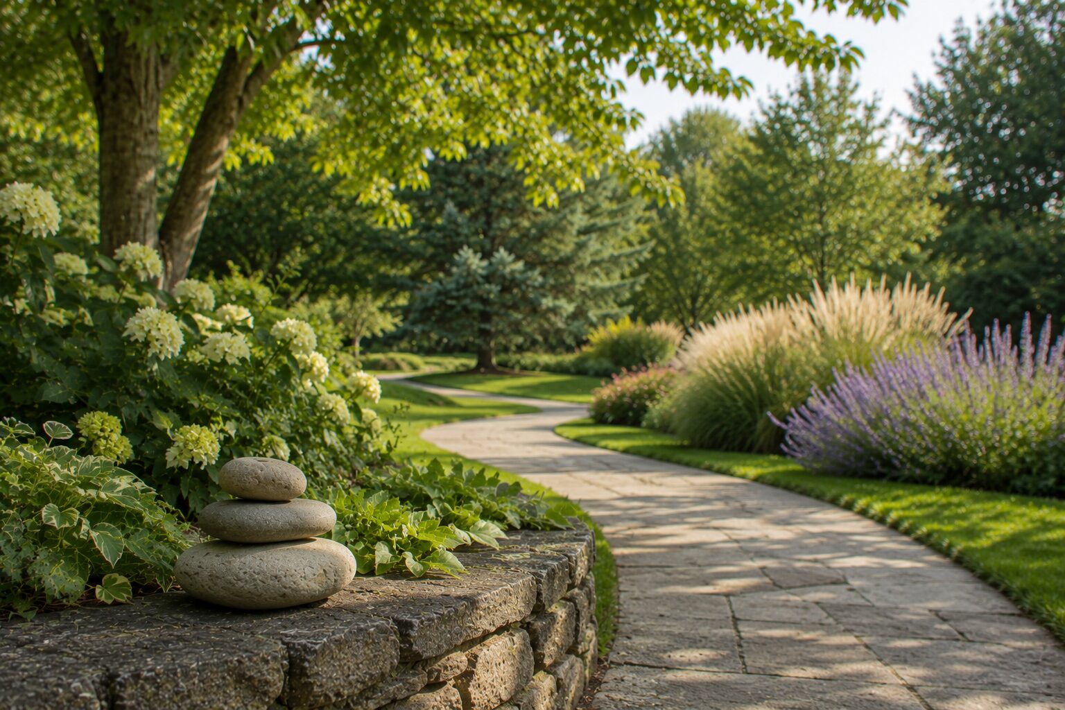 Stacked memorial stones beside a peaceful garden path for funeral homes in Westmont, PA.