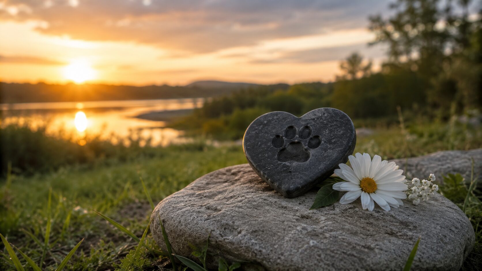 Heart-shaped pet memorial stone with paw print near cremation services in Johnstown, PA.