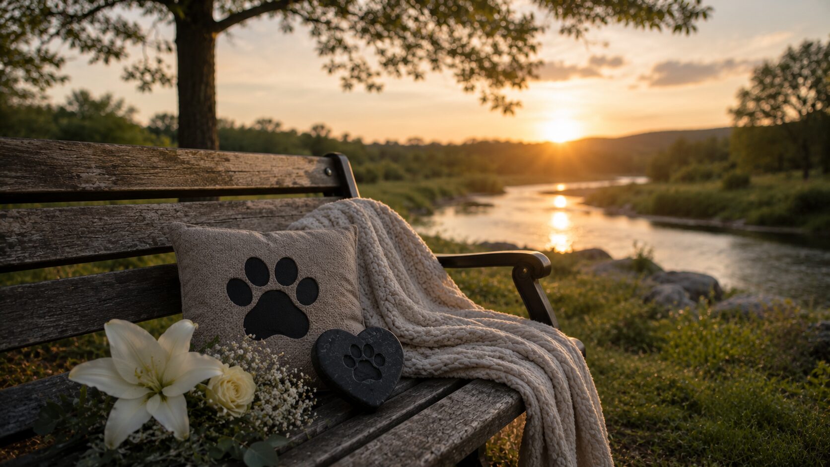 Pet memorial with paw prints overlooking a river near cremation services in Richland, PA.